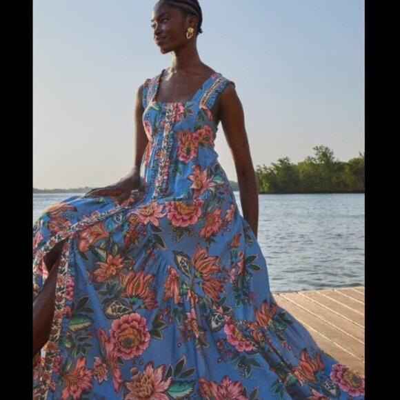 FARM Rio Dresses & Skirts - NWT Farm Rio Wonderful Bouquet Blue Sleeveless Maxi Dress Size Medium